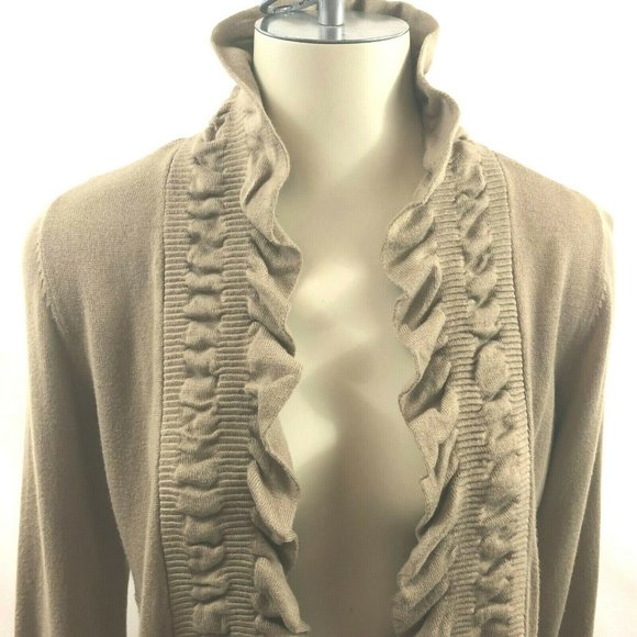 allison brittney Womens Large Light Brown Sweater Open Front Ruffles Shark Bite - Picture 2 of 11